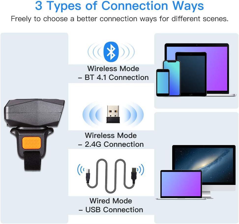 Eyoyo 1D Bluetooth Wearable Ring Barcode Scanner, Portable Bar Code Reader with 2.4GHz Wireless & USB Wired Connection Compatible with iPhone iPad Android iOS, for Book, Warehouse Inventory, Express