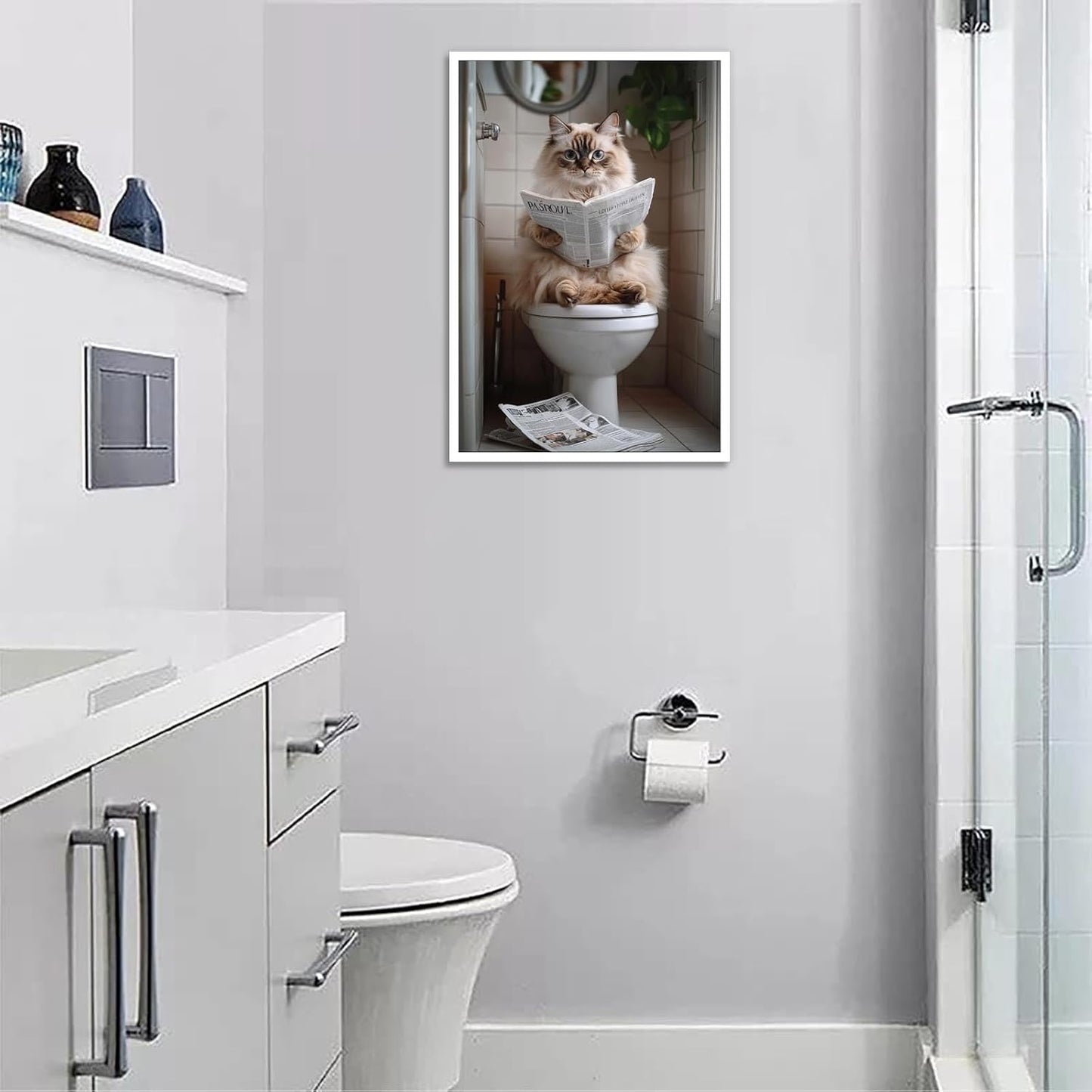 Cute Bathroom Cat Canvas Wall Art Funny Pets Cat Reading Newspaper On The Toilet Poster Funky Humorous Animal Pictures Prints Painting For Home Restroom Bathroom Wall Decor 12x16in Unframed