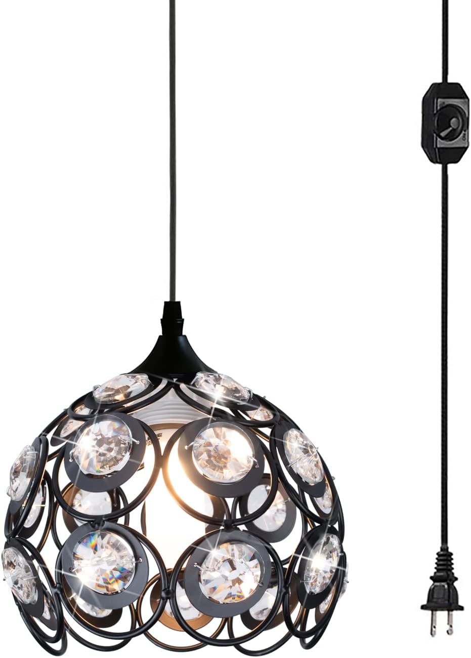 TISLYCO Black Plug in Chandelier, Crystal Hanging Lights with Plug in Cord 13.12ft and On/Off Switch, Hanging Pendant Light for Kitchen Island Bedroom Reading Area