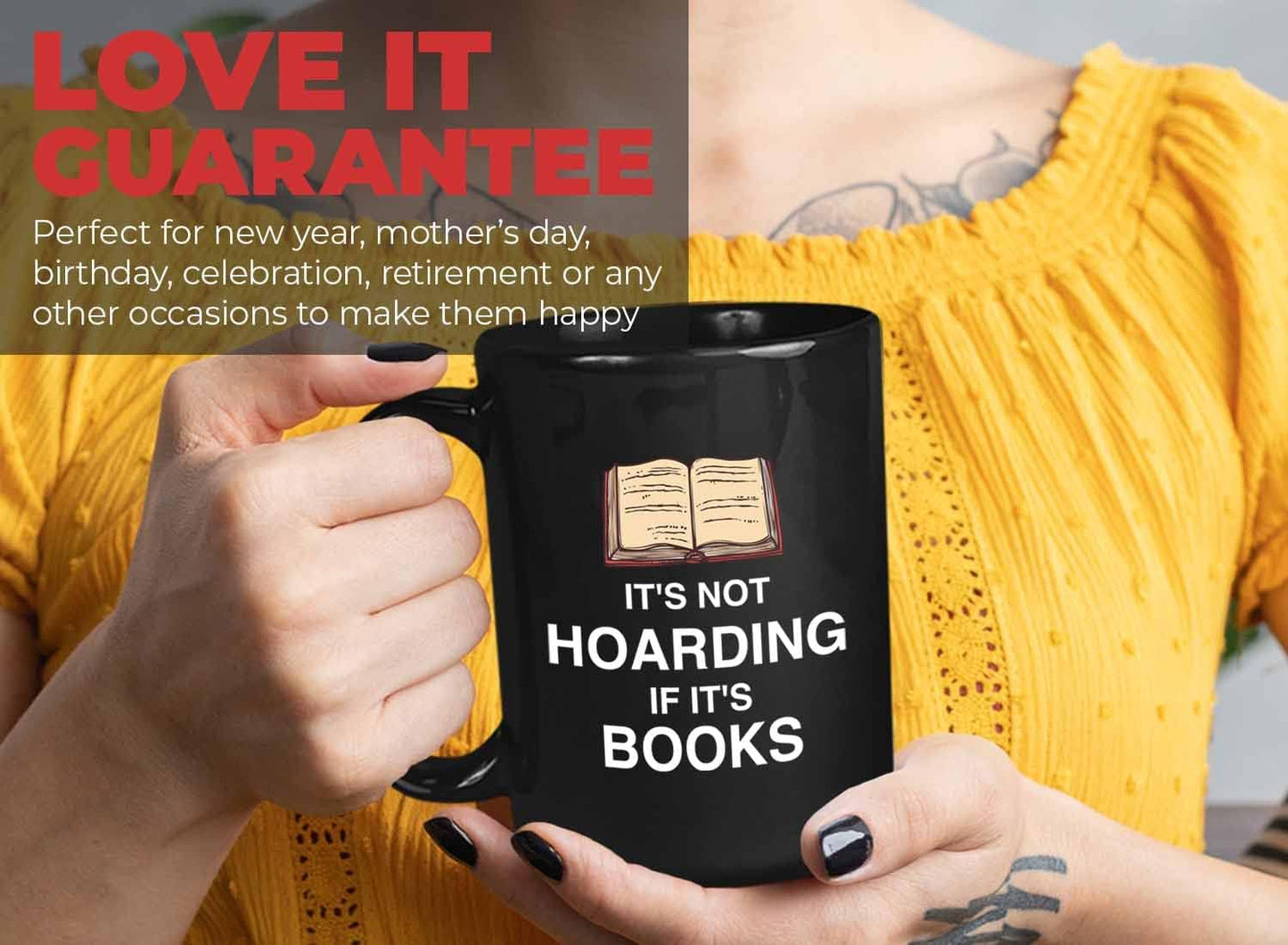 Bubble Hugs Book Lover Coffee Mug 15oz Black - it's not hoarding if it's books - Bookworm Reader Intelectual Literatur Savant Librarian Writer