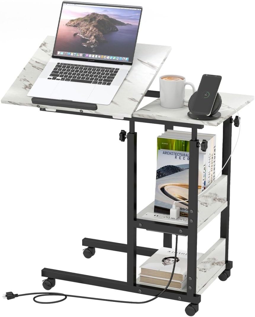 C-Shaped End Table with Charging Station — Tiltable, Height-Adjustable, Wheeled, Over-Bed Laptop & Drawing...