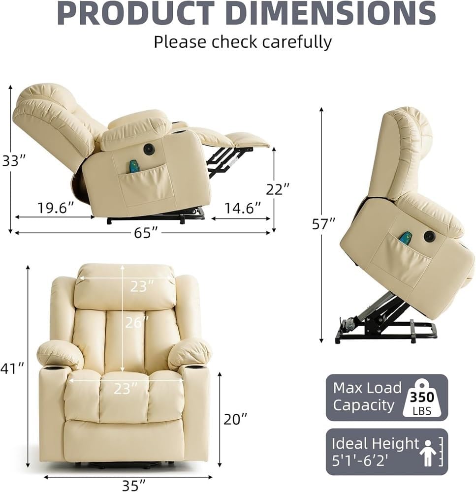 Adjustable Power Lift Recliner Chair, Heavy Duty Electric Massage Sofa with Heat, PU Leather Reclining Seat with Remote Control, Cup Holders, USB Port, Side Pockets
