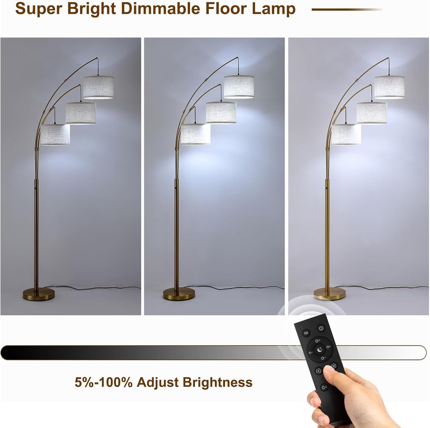 Gold Floor Lamps for Living Room, Super Bright Arc Floor Lamp with Remote Control, 3 Light Tall Floor Lamps with Stepless Dimmable, 80" Mid Century Tree Floor Lamp for Bedroom, Office