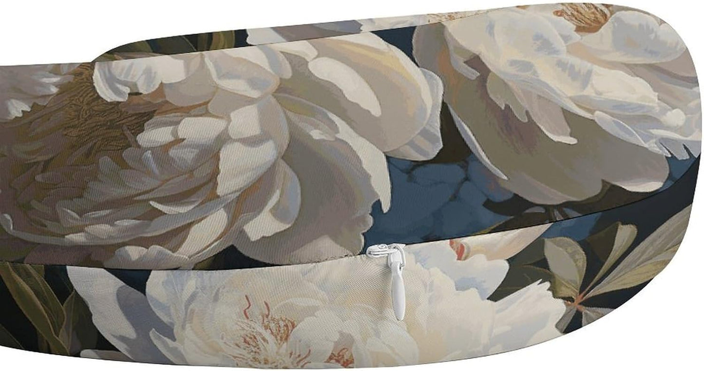 White Peony Neck Pillow Memory Foam U Shaped Pillows Portable Pillows for Shoulder Travel Head Support Pillow with Concealed Zipper for Airplane Car Home Office