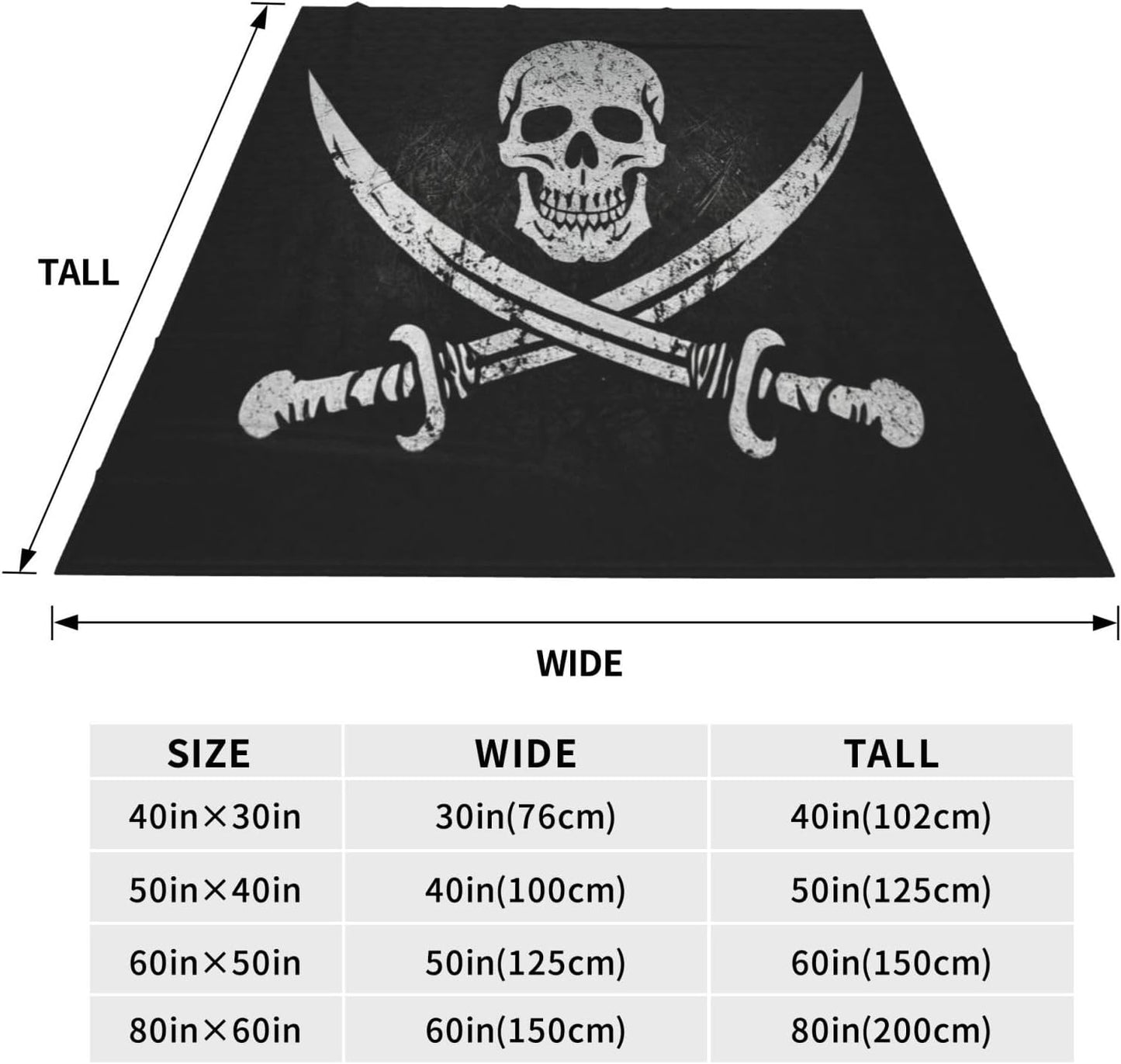 Jolly Roger Pirate Skull Throw Blanket Grunge Skeleton Soft Fleece Blanket Cozy Plush Fuzzy Warm Throw Blankets for Bed Couch Sofa Living Room, 50"x60"