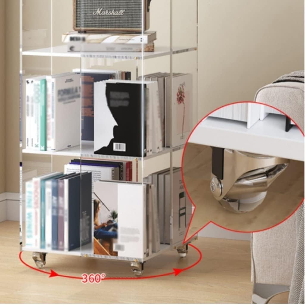 360° Rotating Bookshelf W/Wheels Clear Acrylic Narrow Bookcase Movable Modern Book Storage Organizer for Living Room Bedroom Display Shelf ()