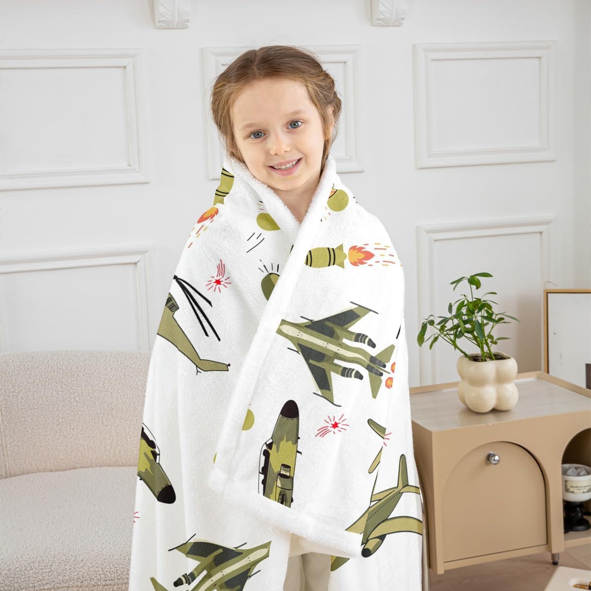 Feelyou Kids Blanket Cartoon Aircraft Print Fleece Blankets Boys Teens Military Airplane Pattern Fighter Tank Sherpa Throw Blanket for Couch Bed Sofa 30" x 40"