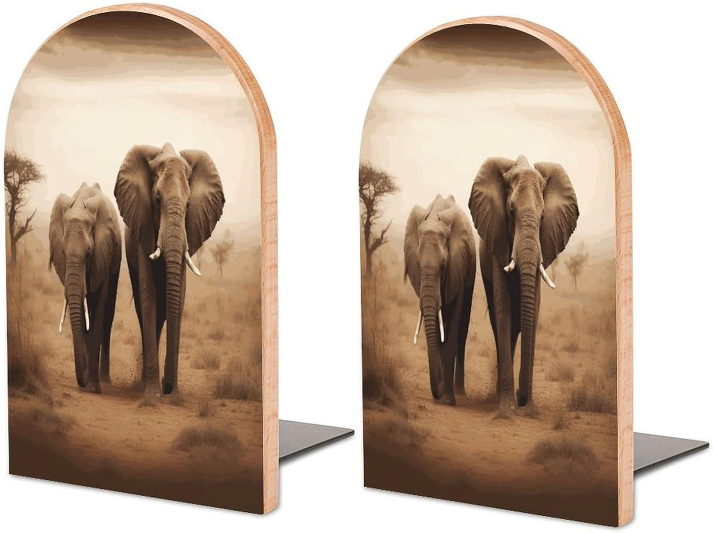 Wild Animals Elephants Bookend for Shelves Wooden Book End Large Size Sturdy Book Holders Stoppers with Metal Base for Bookshelves Slick Decorative Bookends Stands