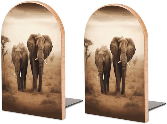 Wild Animals Elephants Bookend for Shelves Wooden Book End Large Size Sturdy Book Holders Stoppers with Metal Base for Bookshelves Slick Decorative Bookends Stands
