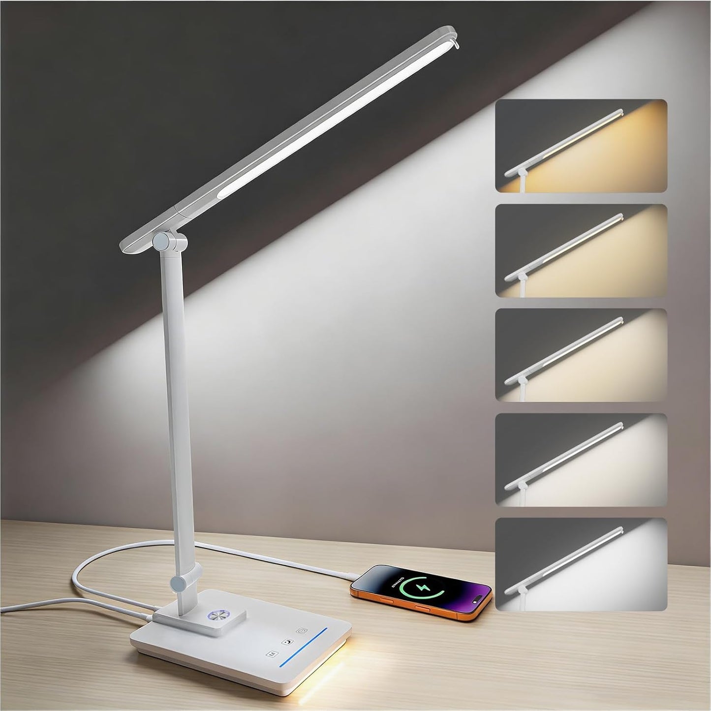 ELECTRI LED Desk Lamp, Touch Desk Light with USB Port, 5 Color & Stepless Dimming, 360° Rotatable ＆ Foldable, Reading Lamp for Table Study Work Office Nail Craft Puzzle(with Adapter) (White)
