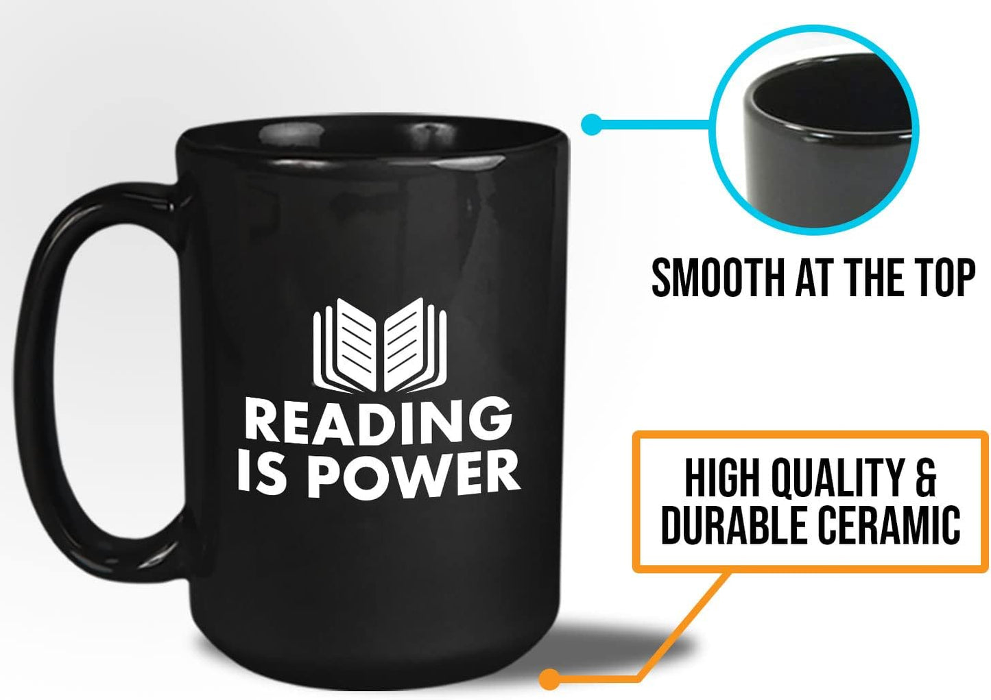 Book Lover Coffee Mug 15oz Black - Reading is power - Literary librarian Literature Bookworm Historian Public Library Curator Bibliophile Bibliolater