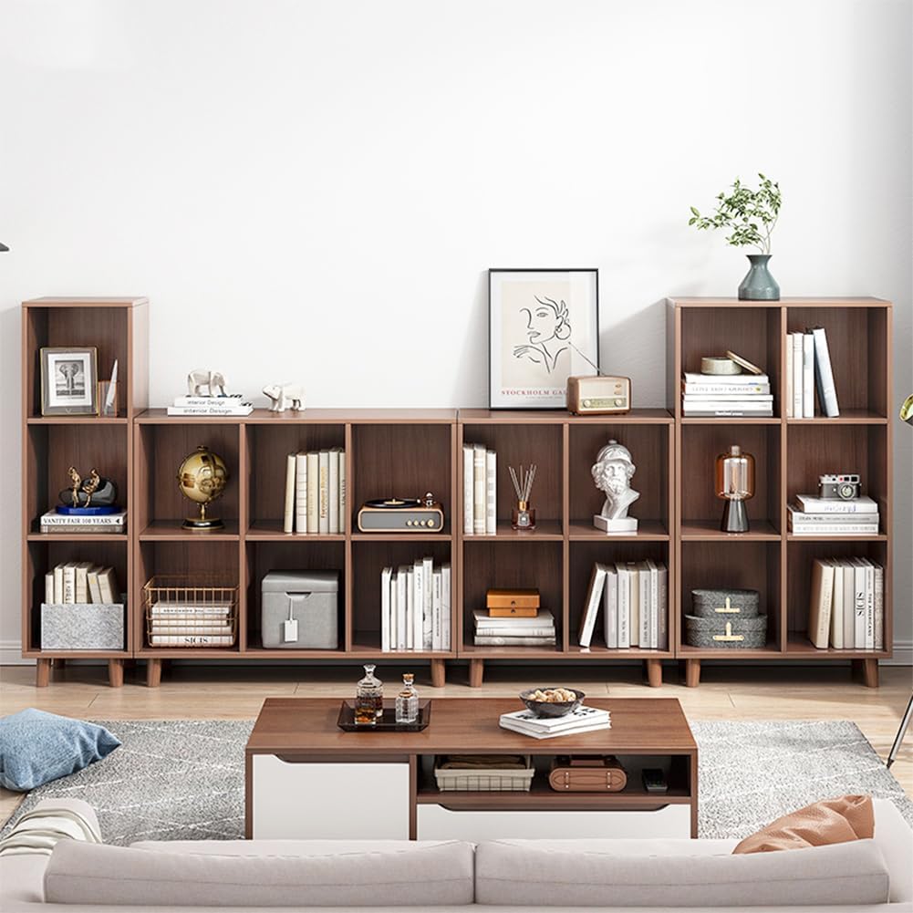 IOTXY Open Cube Low Bookcase - 3-Tier Freestanding Storage Display Cabinet Organizer with Legs for Home Office, 3-Cubes Open Shelf Short Bookshelf, Walnut
