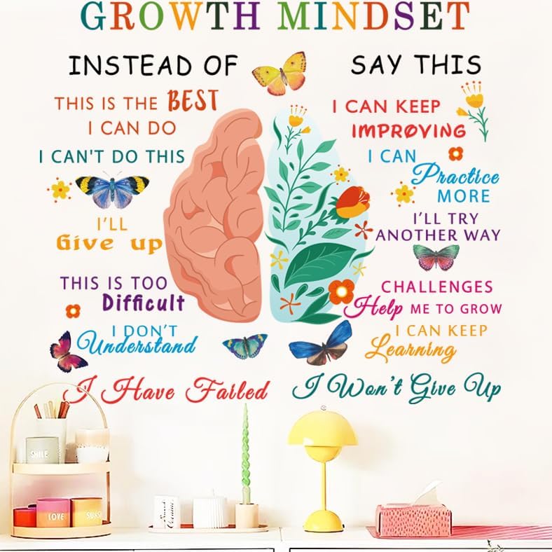 Classroom Growth Mindset Brain Wall Decal Posters Positive Peel and Stick Vinyl Wall Decor Removable Positive Wall Stickers Quotes Saying Wall Art for Teacher Student Classroom Playroom Decor
