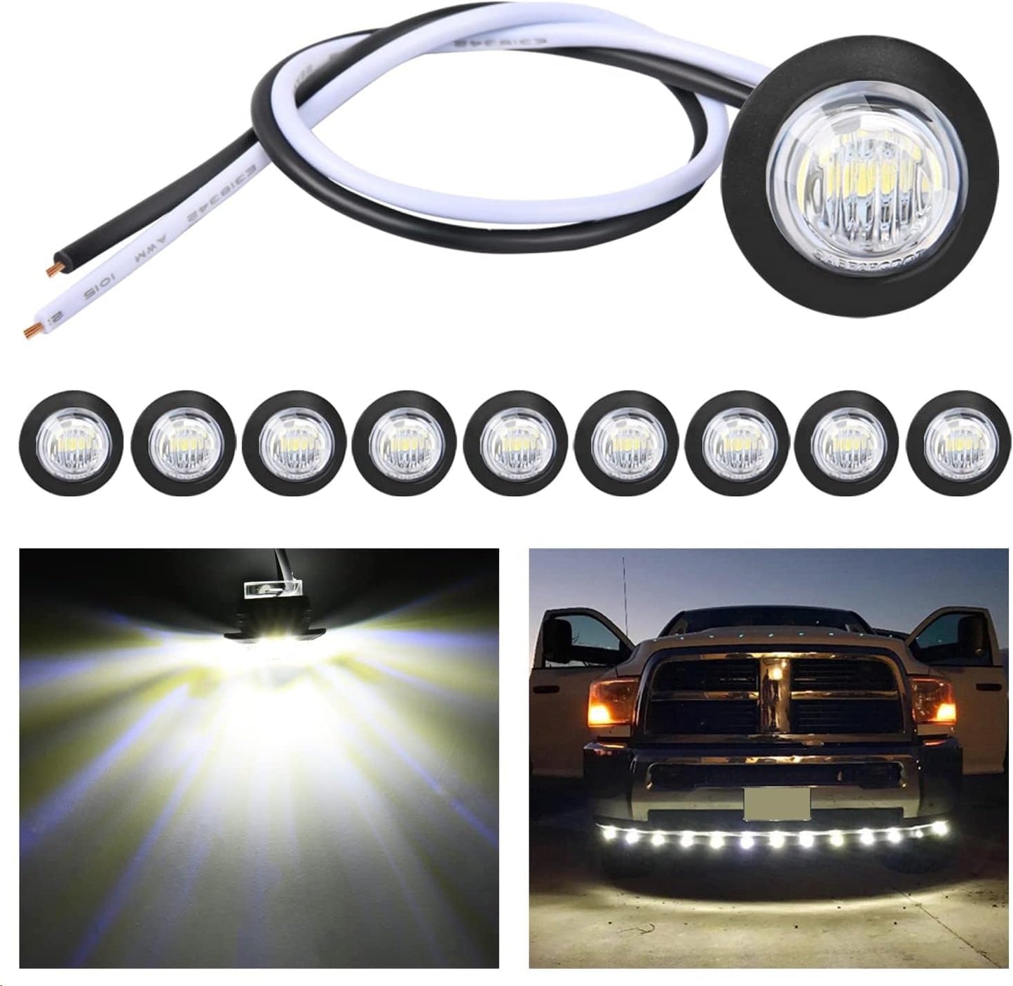 Nilight 10 PCS 3/4 Inch Round LED Clearance Light Front Rear Side Indicator Bullet Marker Lamp for Truck RV Car Bus Trailer Van Caravan Boat, White