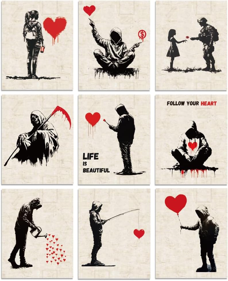 WEBEEDY 9 Styles Banksy Wall Art Vintage Red Heart Prints with for Wall Decor Aesthetic Graffiti Poster Boho Unframed Canvas Wall Art for Living Room Bedroom Office Home Decoration, 20x25cm/8x10''