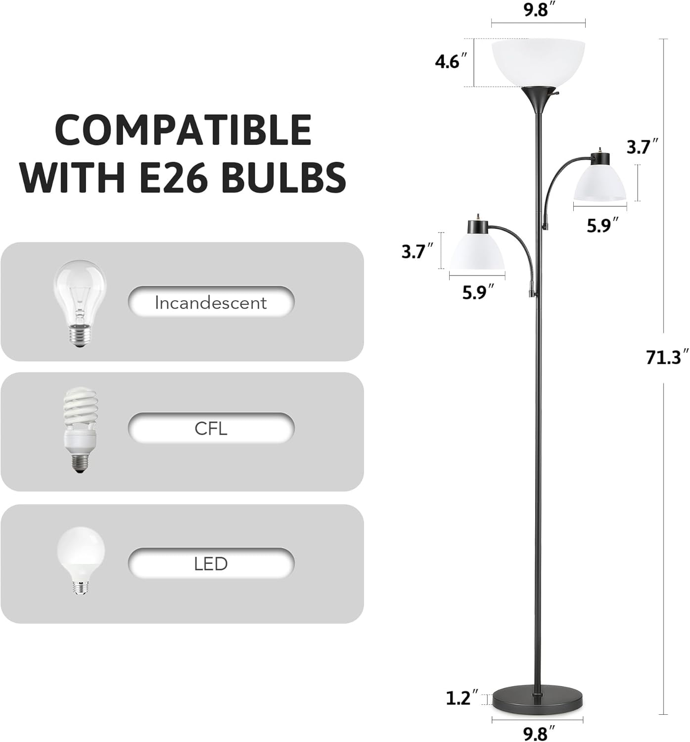 VONLUCE 71" Floor Lamp, Standing Lamp with Adjustable Reading Lights & 3 Bulbs, Modern Torchiere Floor Lamp with 3 Color Temperatures, Tall Lamp for Living Room Bedroom Corner, Black