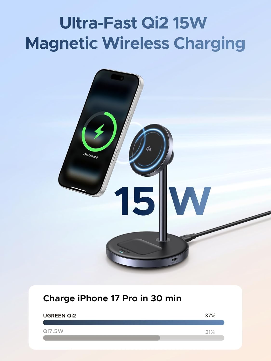 UGREEN Qi2 15W 2-in-1 Wireless Charging Stand, Fast Wireless Charger for iPhone 17 16 15 14 13 12 Series and AirPods, Dual Device Charging, MagSafe Charger Desk Charging Station for Home Office