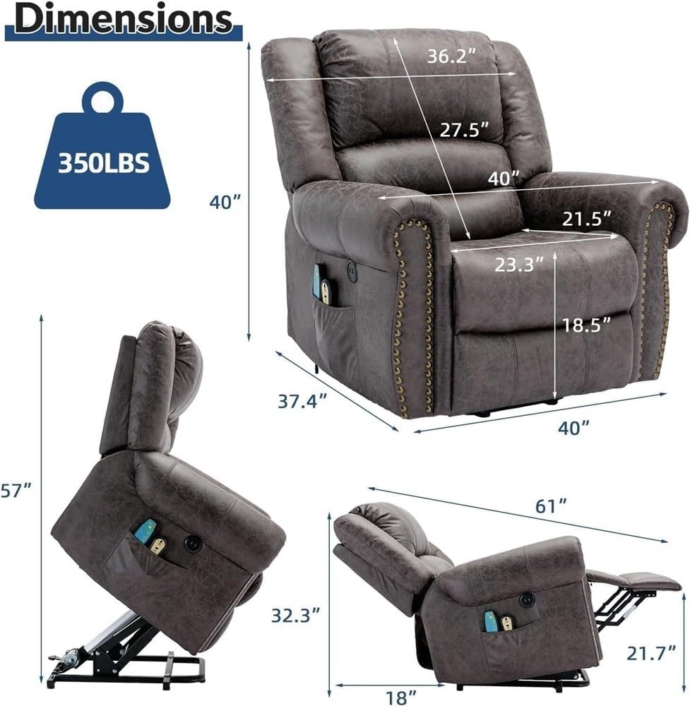 Power Lift Recliner with Heat and Massage – Dual Remote Electric Recliner Chair, PU Leather, USB Charging Ports & Side Storage Pockets for Elderly, Bedroom, Living Room