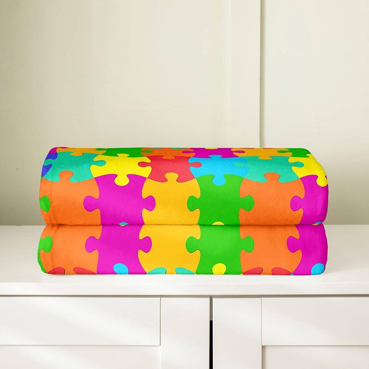 Feelyou Puzzle Flannel Fleece Blanket, Colorful Puzzle Games Throw, Rainbow Geometric Pattern Decorative Plush Blanket for Kids, Girls & Boys, Colorful Fuzzy Twin 60"x80"