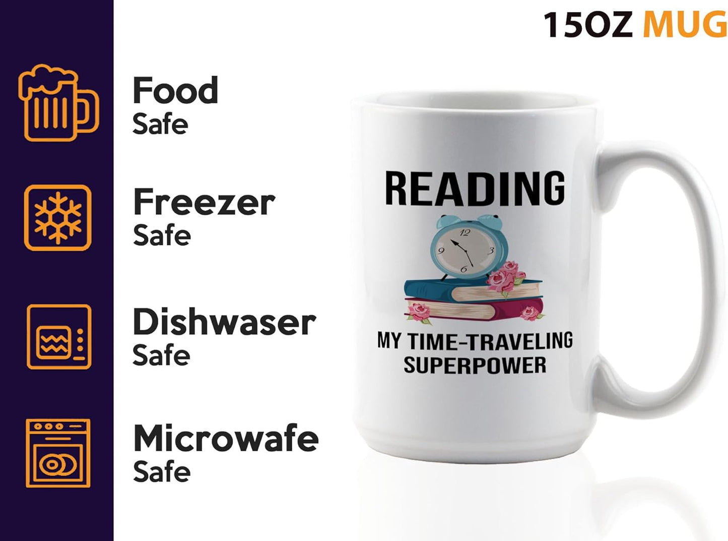 Book Lover Coffee Mug 15oz White -Time-traveling Sprpwr - Gift For Poets Bookish People Bibliophile Librarian Book Club Reader