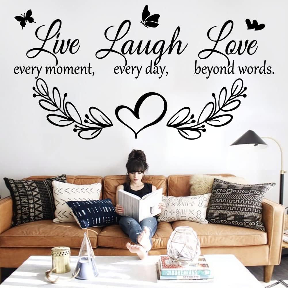 Family Inspirational Quotes Vinyl Wall Decal Quote Live Every Moment Laugh Every Day Love Beyond Words Wall Sticker Motivational Wall Stickers for Bedroom Living Room Window Decor Home Decor