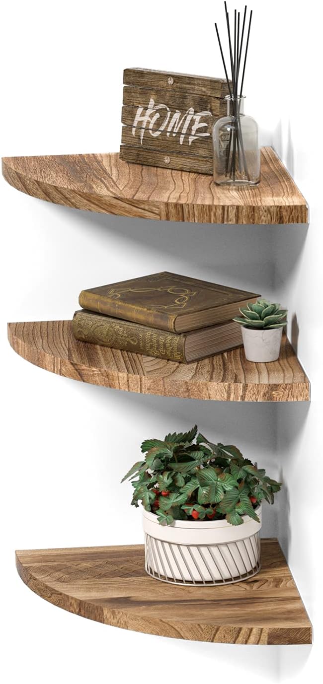 Wall Mounted Rustic Wood Round Edge Corner Shelf Storage Rack, Bookcase, Floating Shelves Home Decor for Bedroom, Living Room, Office and Kitchen, Set of 3 (Round Edge)
