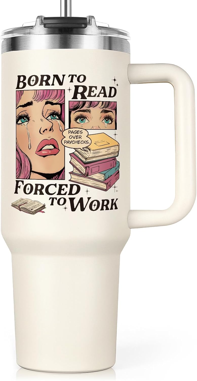 Shqiueos Funny Book Lovers Gifts for Women 40oz Tumbler with Handle and Straw Lid, Christmas Bookish Gifts, Reading Gift for Reader, Librarian, Nerd, Bookworm Cup Water Bottle, Book Themed Present