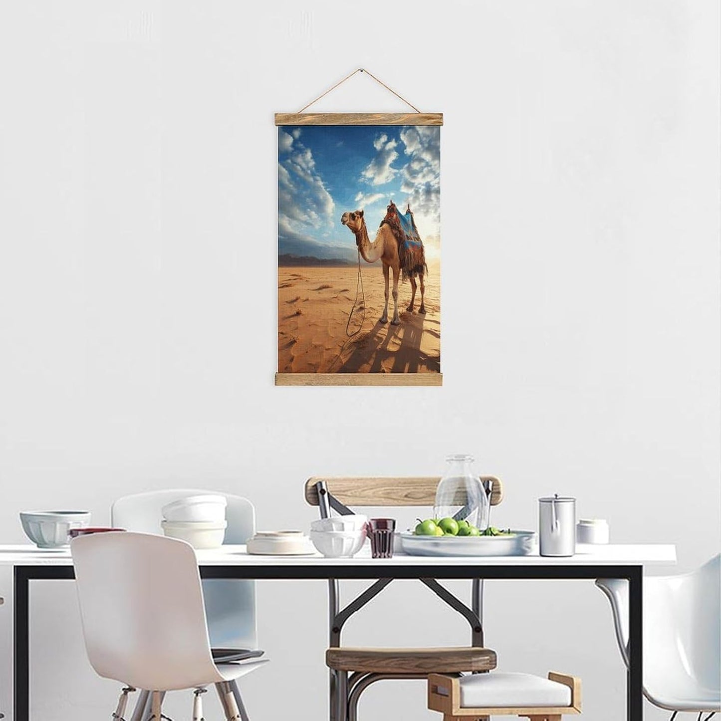 Vintage Camel Blue Sky Poster with Wooden Frame Personalized Linen Hanging Scroll Painting Rustic Wall Hanging Illustrative Modern Artwork Decor for Home Living Room Bedroom Office
