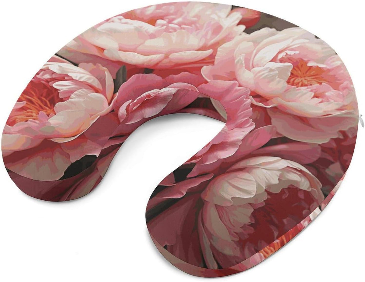 Peony Flowers Blossom Neck Pillow Memory Foam U Shaped Pillows Portable Pillows for Shoulder Travel Head Support Pillow with Concealed Zipper for Airplane Car Home Office