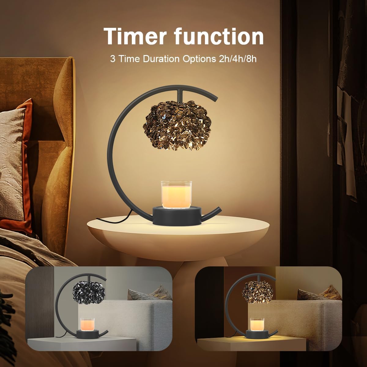 Candle Warmer Lamp for Jar Candles with Adjustable Brightness＆Timer，Handcrafted Crystal Candle Lamp Luxurious Design+2Bulbs,Home Decoration Electric Candle Lamp(Black C-Shaped)