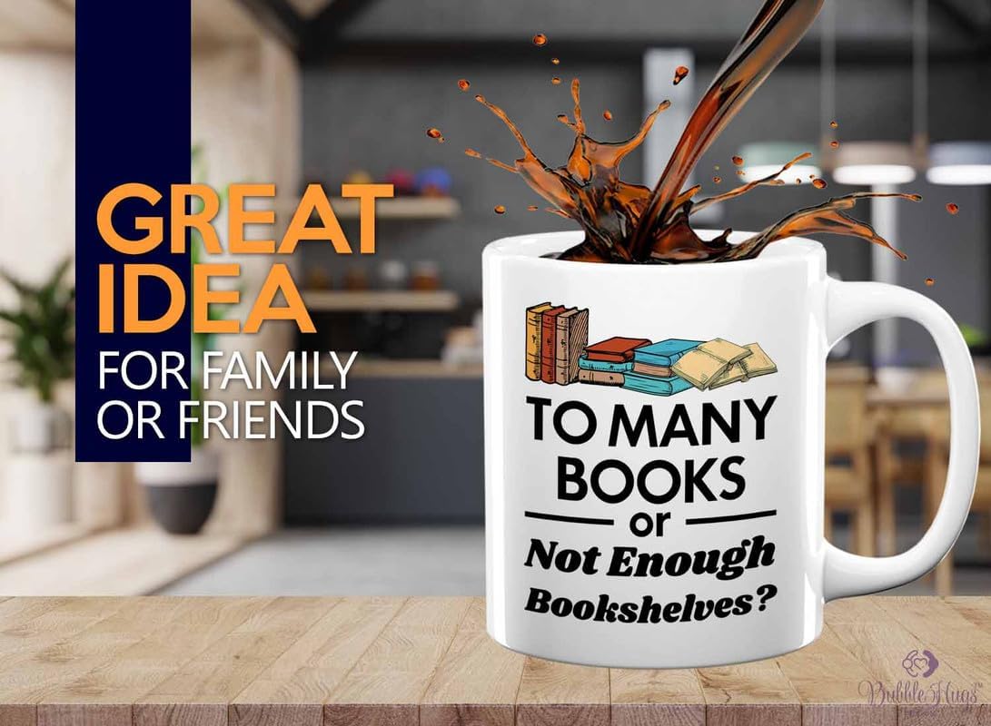 Reading Coffee Mug 11oz White - To Many Books - Reader Gift Bookworm Owl Lover Cat Lover Book Lover Novelist Librarian Writer