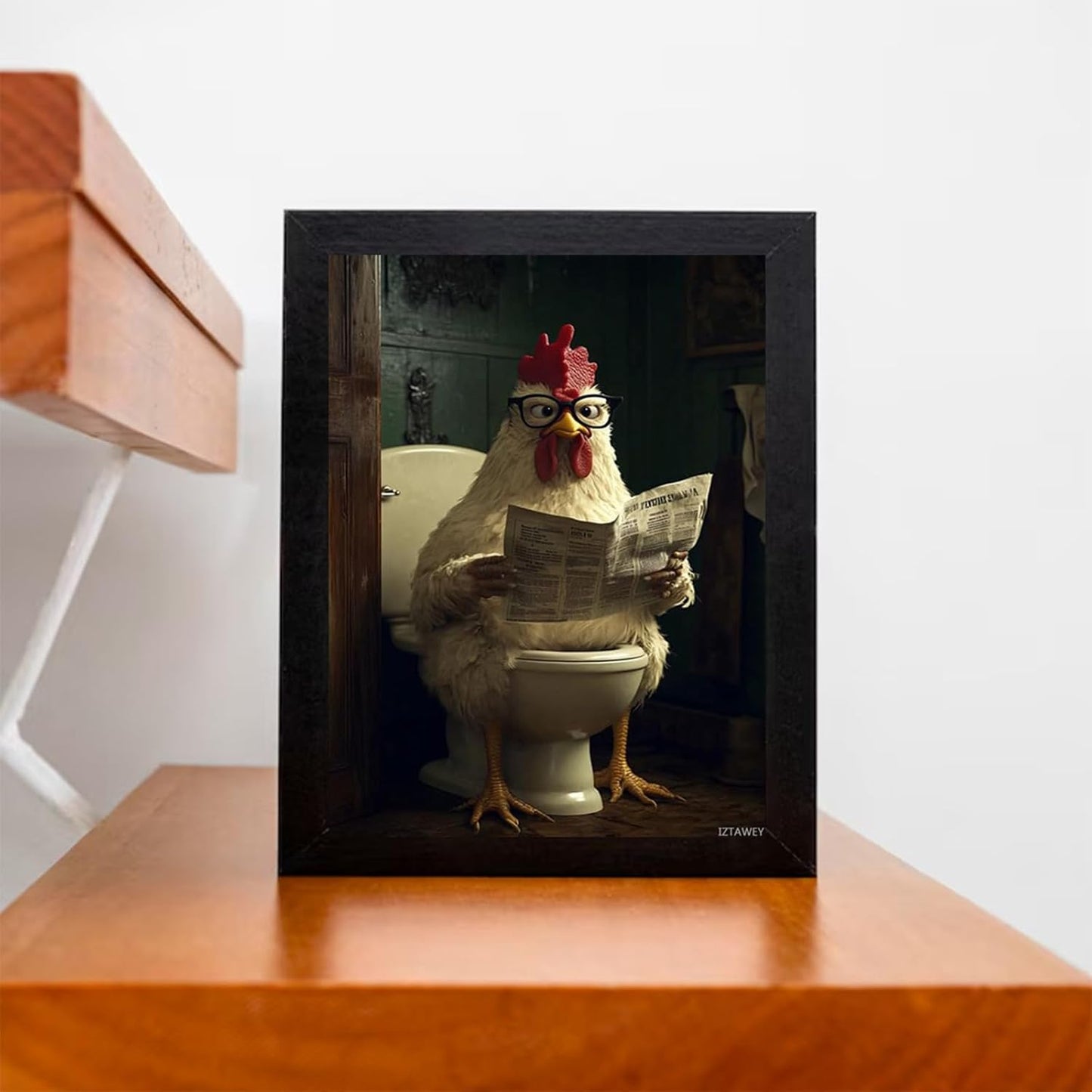 IZTAWEY Funny Chicken Reading Newspaper on Toilet, Canvas Wall Art Print, Cute Animals Picture Wall Decor for Home Bedroom Kitchen Living Room Bathroom Office Cafe 12x16inch No Frame