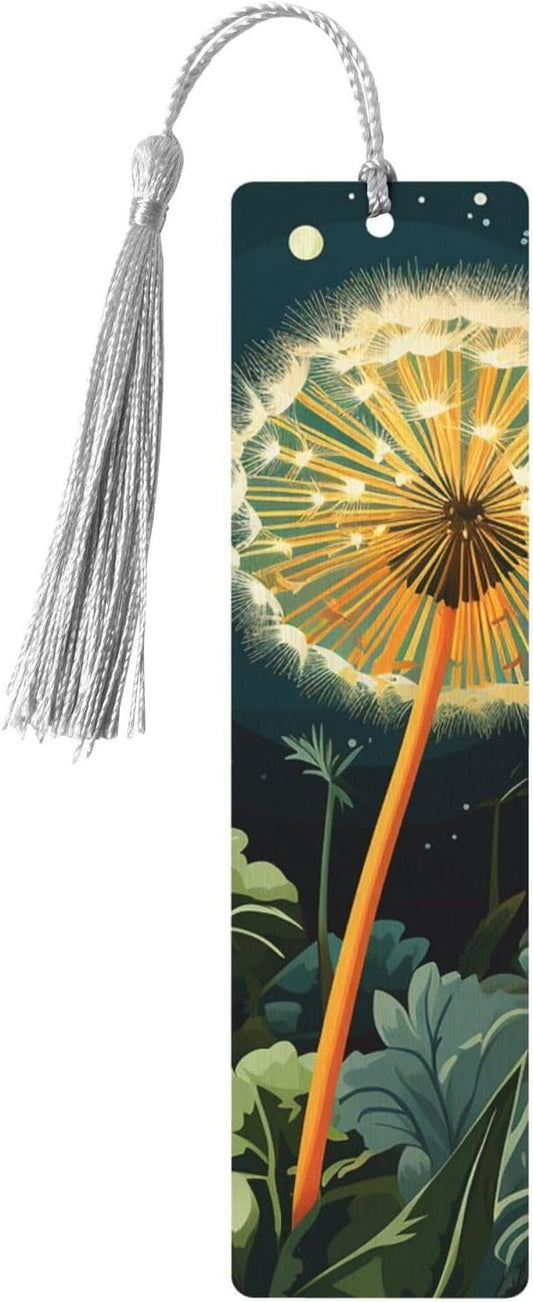 Dandelions at Night Bookmarks Gifts for Women Men, Wooden Bookmarks for Book Lovers, Vintage Book Marks Ornaments with Tassel, Unique Personalized Reading Page Markers Gray