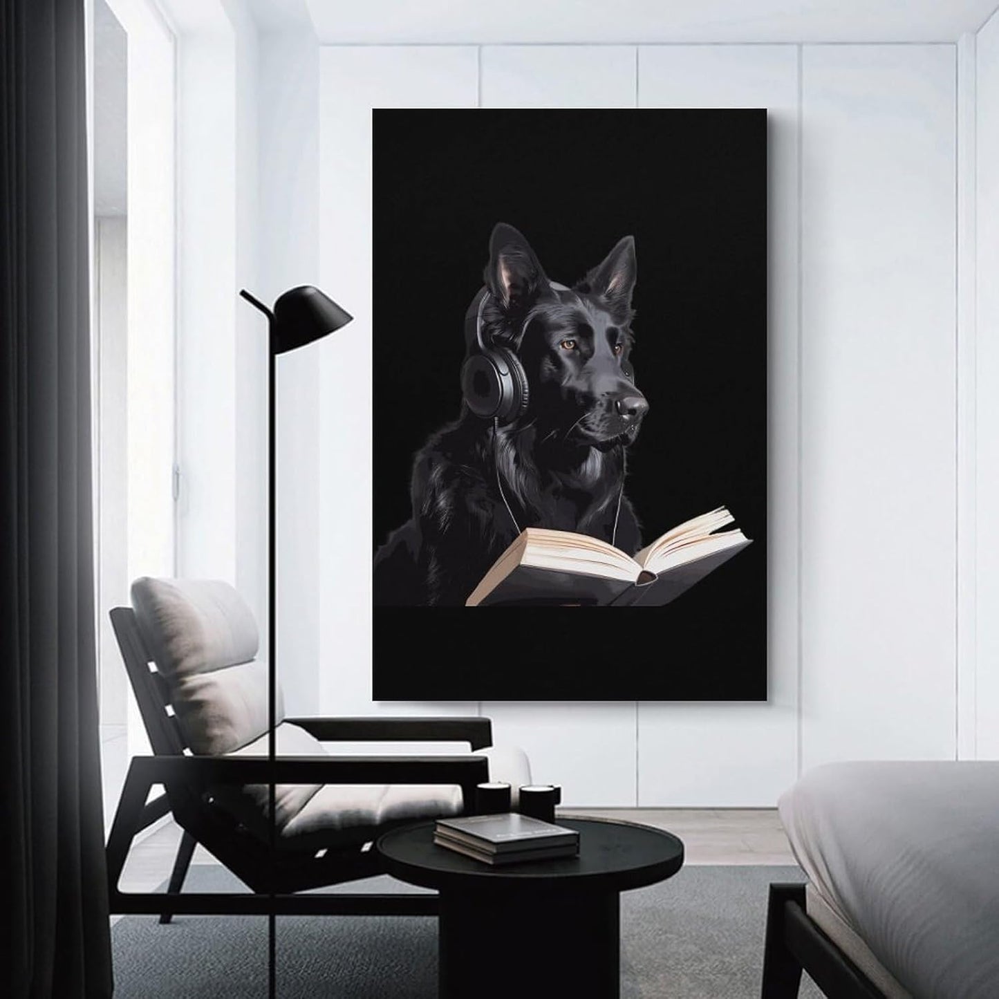 German Shepherd Wearing Headphones Reading Canvas Wall Art Print Artwork Picture Hanging Painting Modern Home Living Room Decor