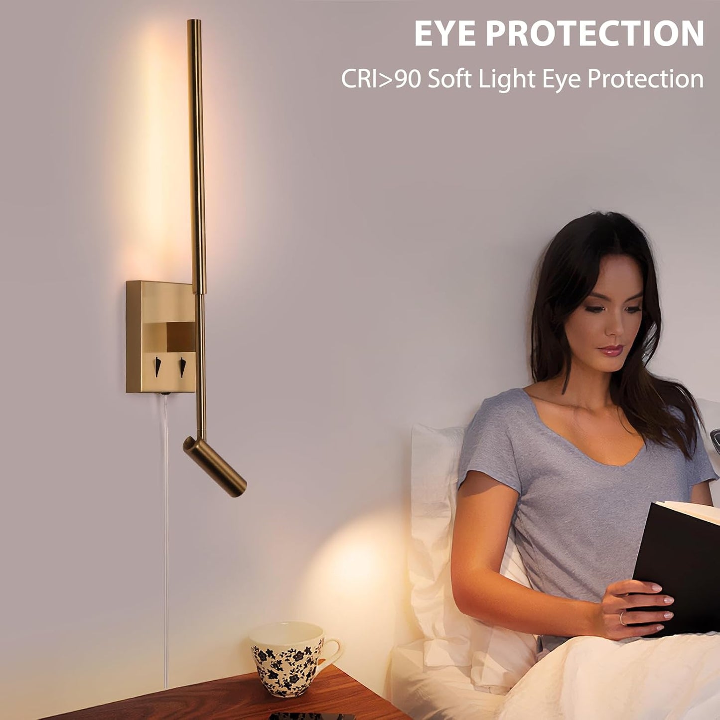 Modern Plug in Wall Sconce Indoor Ambient Lighting for Bedroom, Gold LED Wall Mounted Reading Lamp with Switch, Corded Minimalist Linear Wall Light with 5.9FT Clear Cord for Living Room Corner Hallway