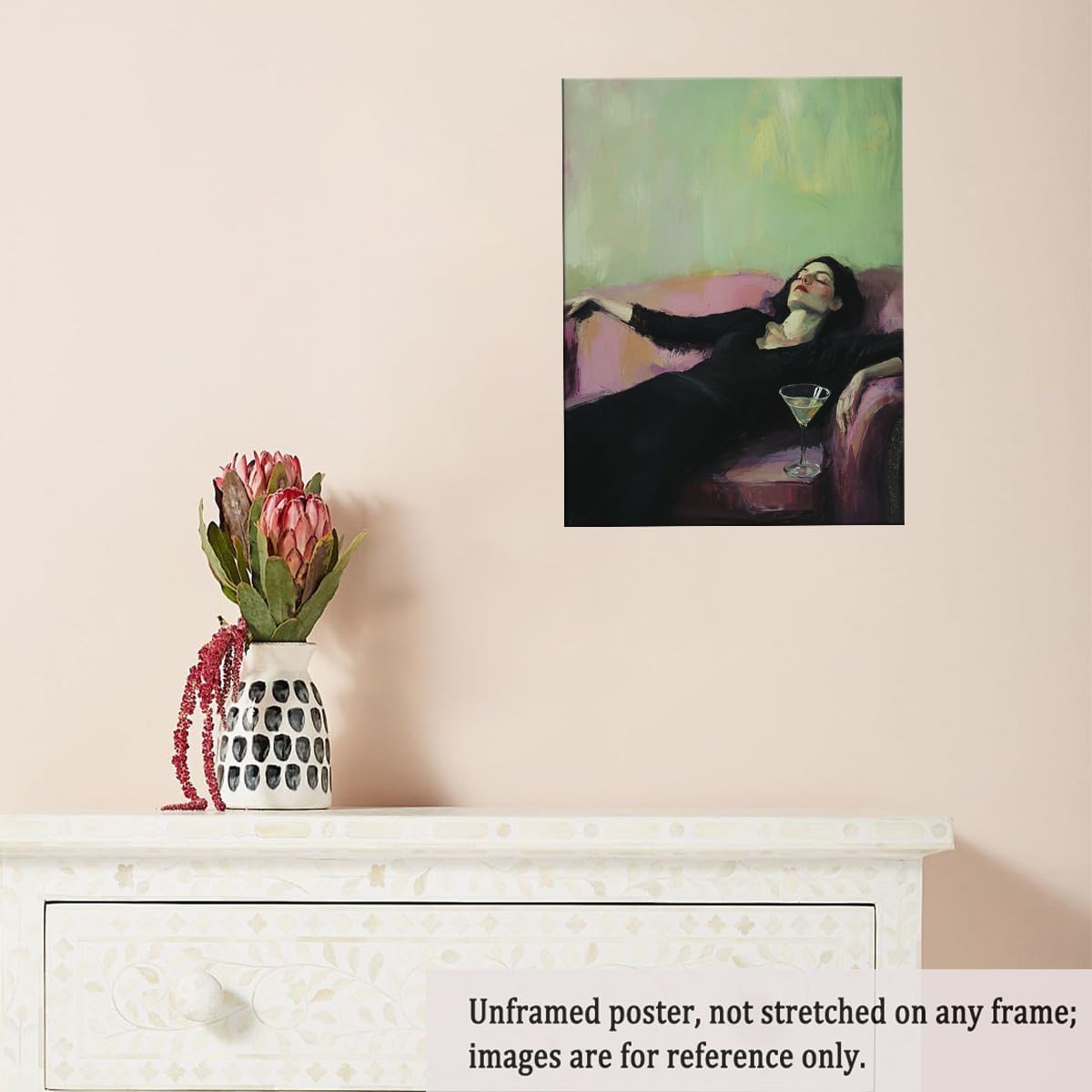 Vintage Feminine Canvas Wall Art Impressionist Woman on Pink Sofa Martini Glass Painting Print Posters for Chic Bedroom Lounge Dressing Room Art Wall Decor Poster 11x14in Unframed