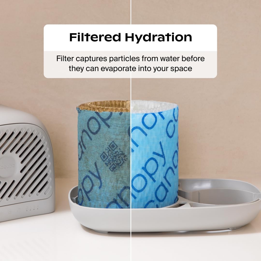 Canopy Bedside Humidifier 2.0, White, 36 HR Run Time, 2.5L Capacity - Reading Light & White Noise - Alleviate Symptoms of Allergies, Flu, Cold, Dry Skin - Humidifier, Filter, Power Cord & Adapter