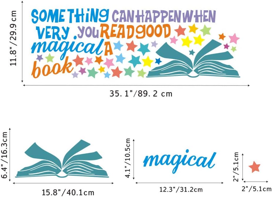 IARTTOP Something Very Magical Can Happen When You Read A Book Wall Decal, Colorful Stars Inspirational Quote Sticker for Classroom Kids Room Library Decor