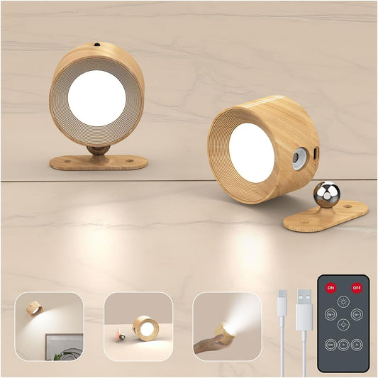 2PACK LED Wall Sconce - Rechargeable Cordless Wall Light, 3 Colors & 3 Brightness Levels, 360° Magnetic Rotating Head, Bedside Reading Lamp, Easy Install Battery Operated Lamp Wood