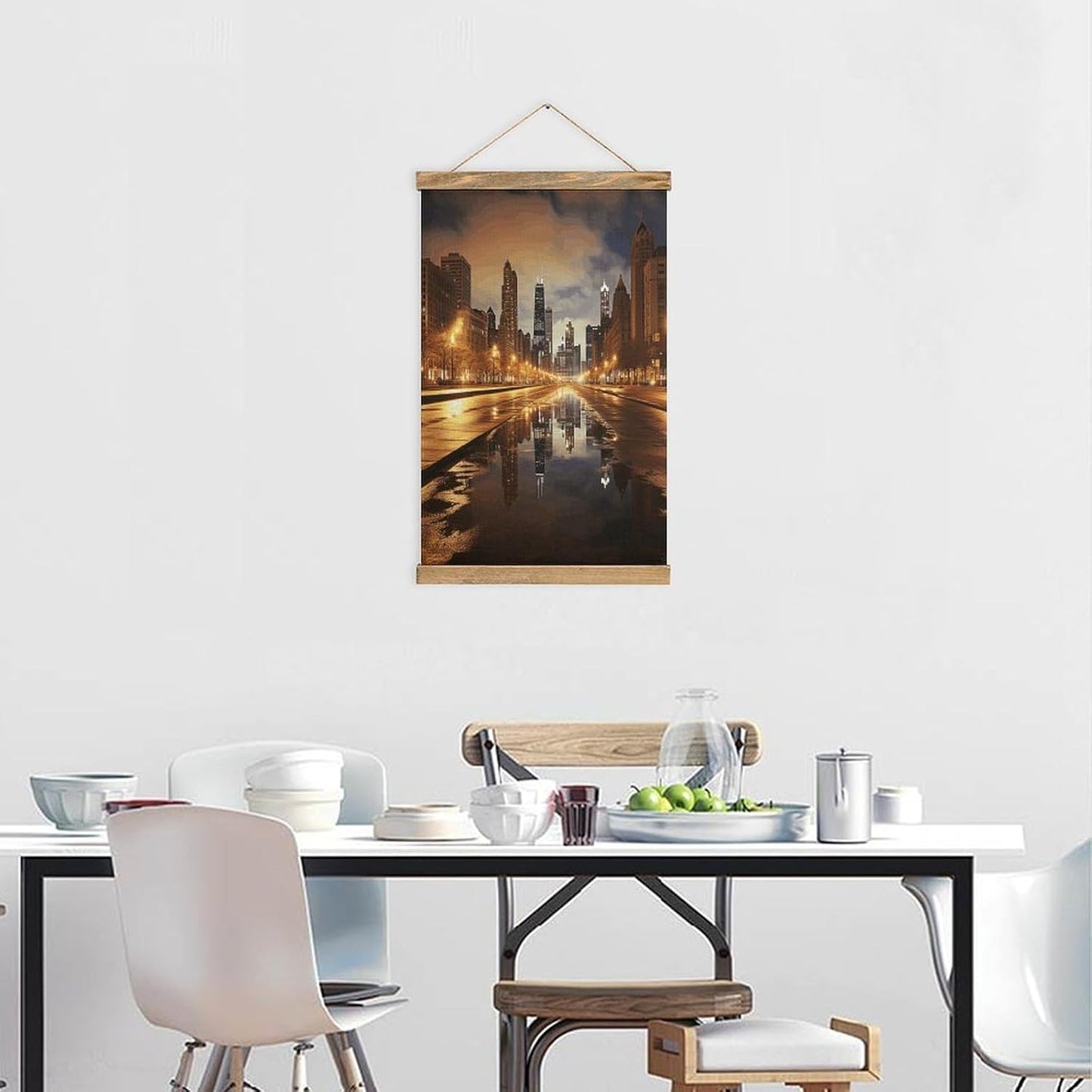 Vintage Chicago Poster with Wooden Frame Personalized Linen Hanging Scroll Painting Rustic Wall Hanging Illustrative Modern Artwork Decor for Home Living Room Bedroom Office