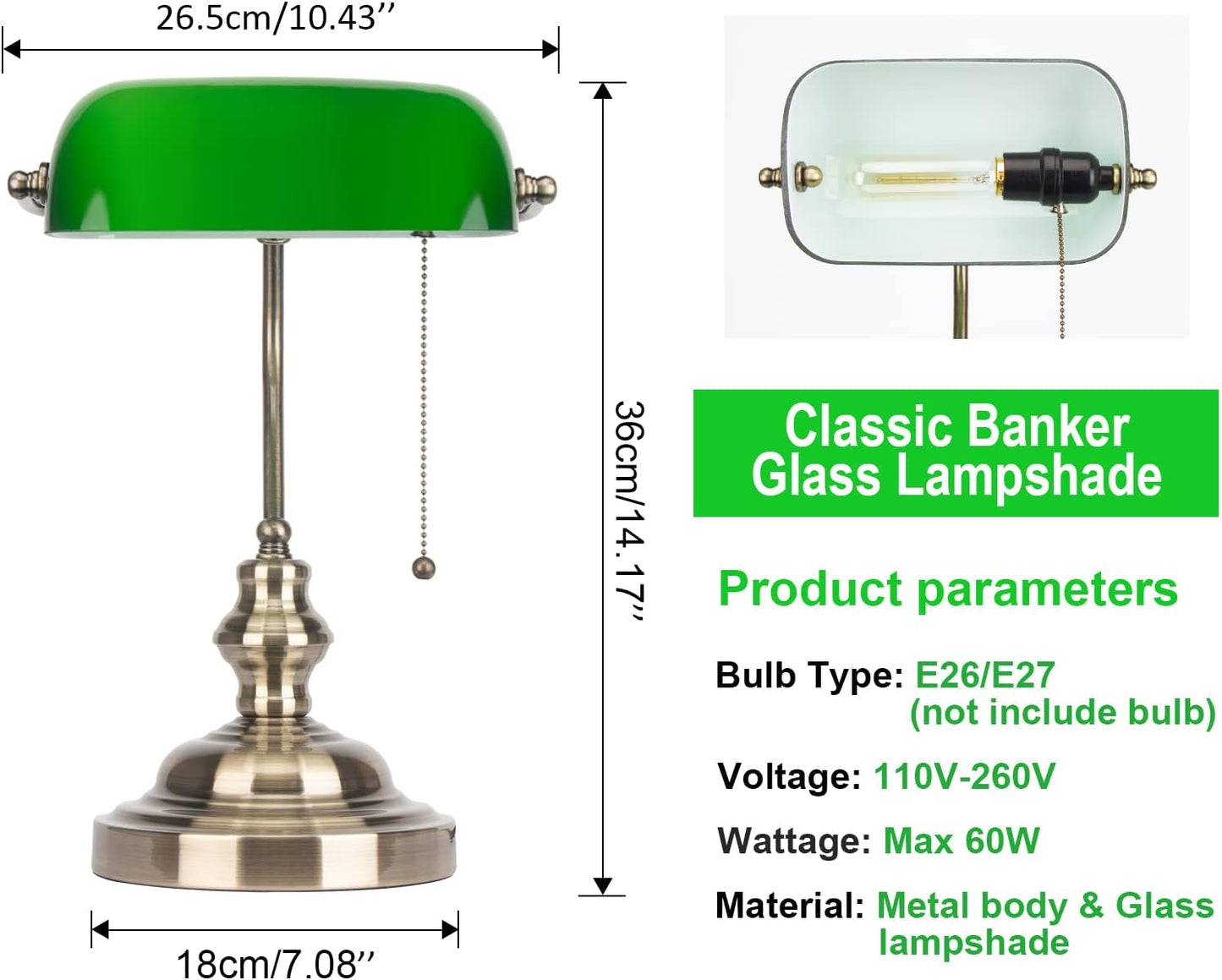 Green Glass Bankers Desk Lamp,Antique Desk Lamps with Brass Base, Traditional Library Lamp with Pull Chain, E26 Base, Vintage Desk Lamp for Office, Study Room