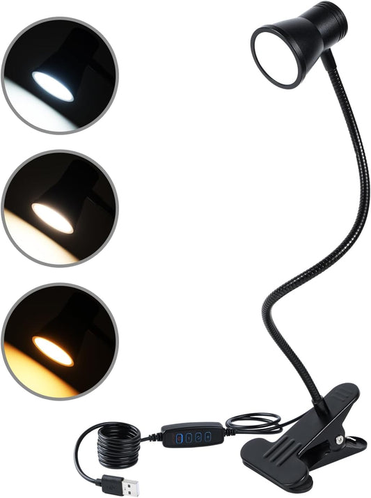 Clip Desk Lamp, USB Reading Light, Flexible Neck Led Clamp Light with 3 Color Temperature Options, 10 Dimmable Brightness Levels for Working, Studying (8W)