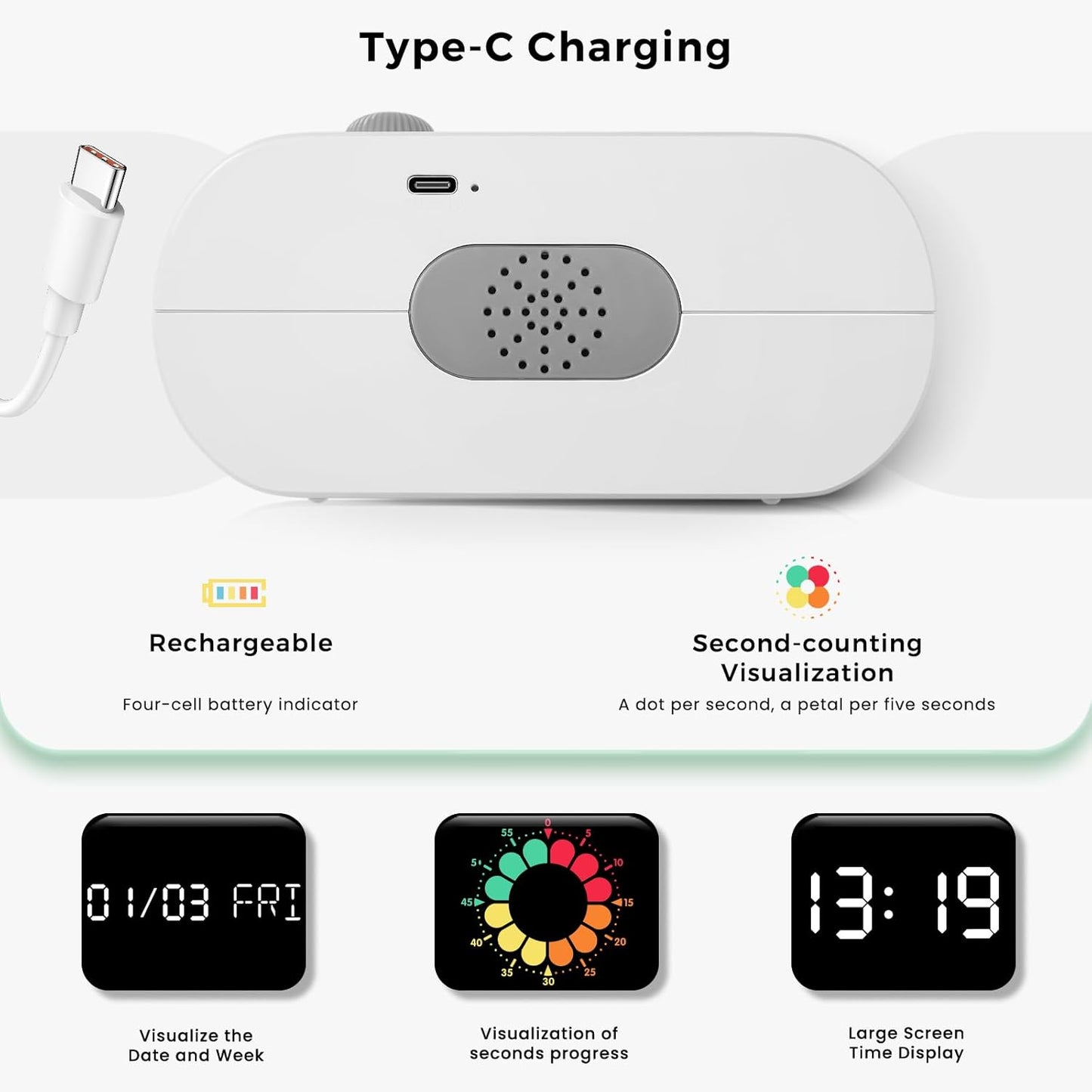 Mooking Alarm Clocks for Bedrooms, Digital Visual Timer for Kids, Rechargeable 199-Minute Silent Countdown Timers, Focus & Smoother Routines, Fitness Baking Studying Teaching