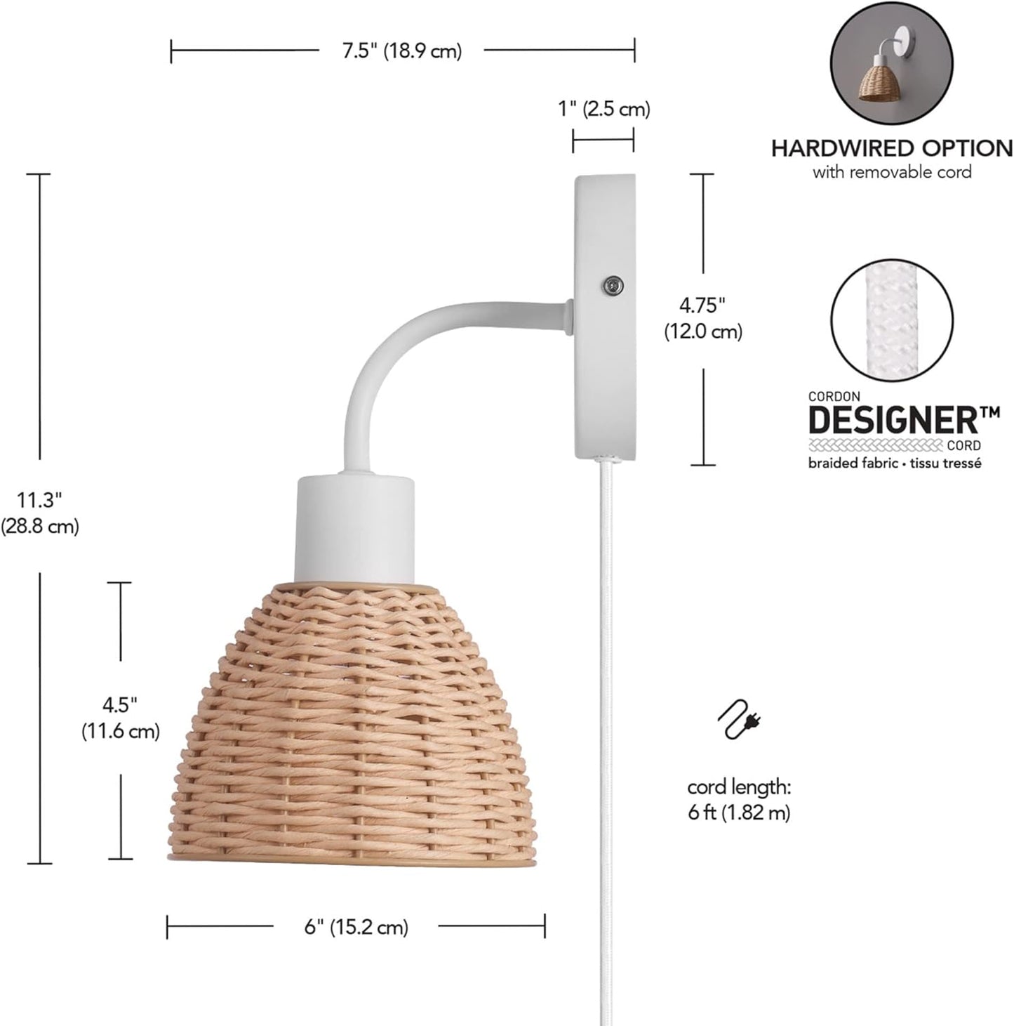 Globe Electric 65928 Briar 1-Light Plug-in or Hardwire Wall Sconce, Matte White, Rattan Shade, 6ft White Braided Fabric Designer Cord, in-Line On/Off Rocker Switch