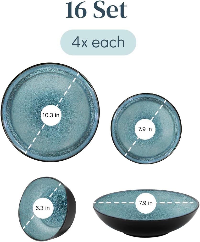 Stoneware Dinnerware Set for 4, 16 Piece Plates and Bowls Set - Handmade Reactive Glaze, Chip & Scratch Resistant Sets - Dishwasher Microwave Safe, Modern Kitchen Dinner Service in Dark Petrol Blue