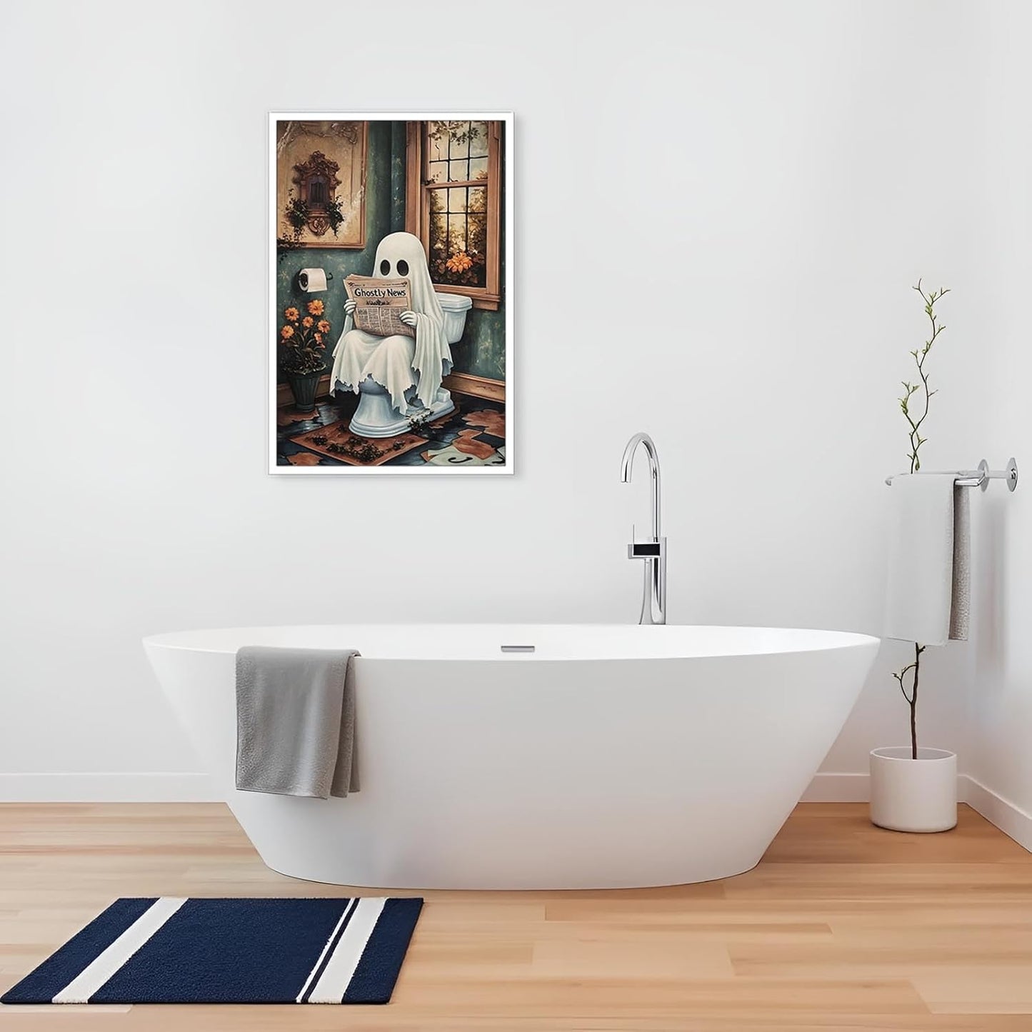 Halloweenn Ghost Reading Newspaper Bathroom Wall Art Funny Ghost On Toilet Posters Spooky Dark Academia Gothic Canvas Print Vintage Whimsical Horror Wall Decor for Apartment Dorm 12x16in Unframed