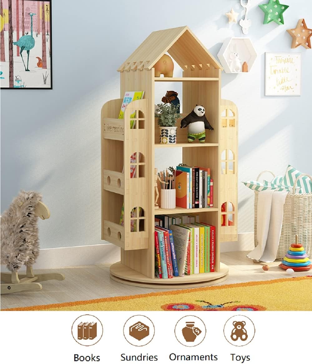 Heehee Rotating Bookshelf 360 Display Floor Standing Bookcase Storage Rack Children's Bookshelf, Wood Book Shelf Organizer Stand for Kids, Storage Book Display Case Bookrack