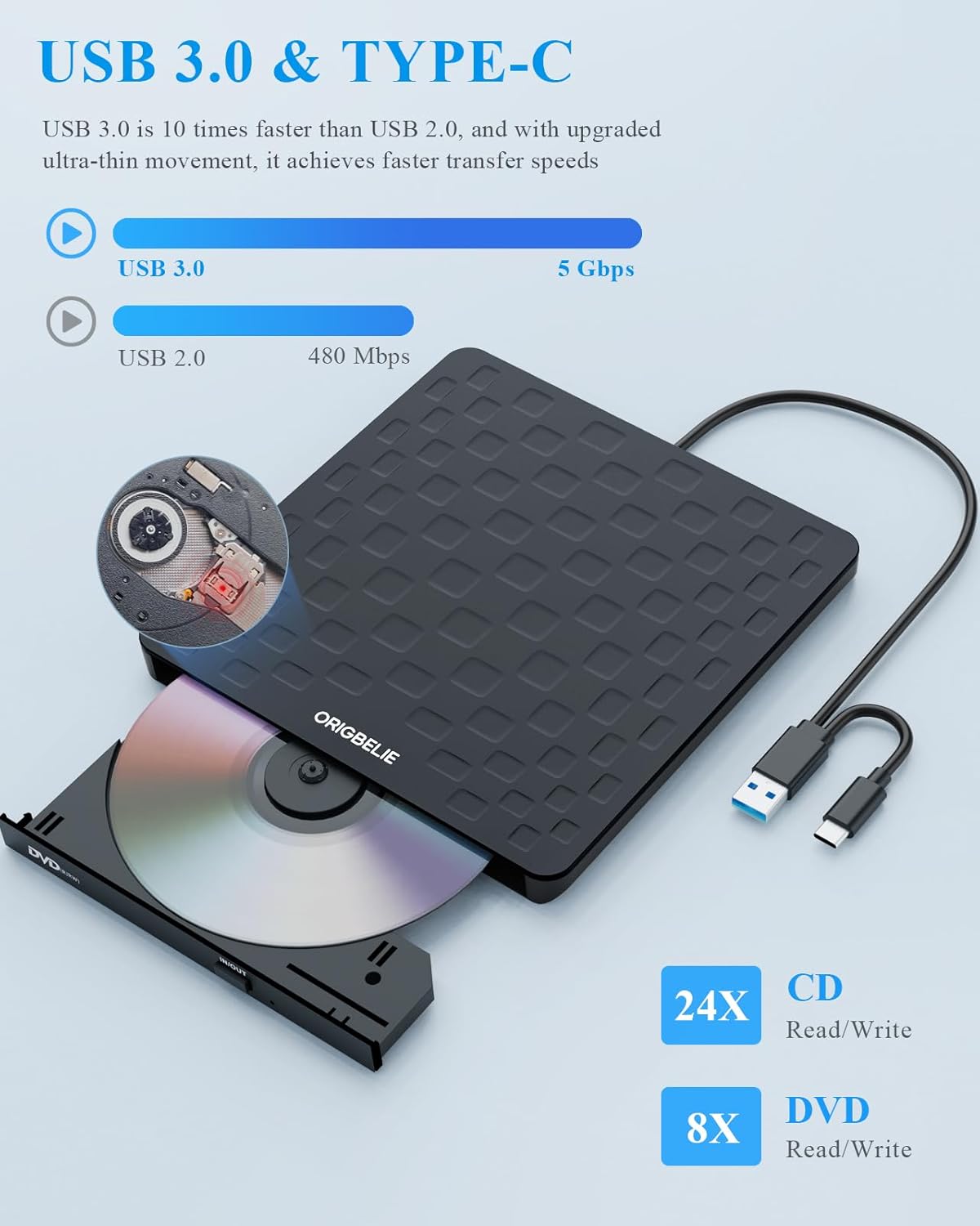 External CD DVD Drive for Laptop, USB 3.0 Type-C Ultra Slim 13mm DVD Player Portable CD DVD +/-RW Drive CD Burner Reader Writer Recorder for Desktop PC Windows 11/10/8/7 Linux Mac OS (Black)