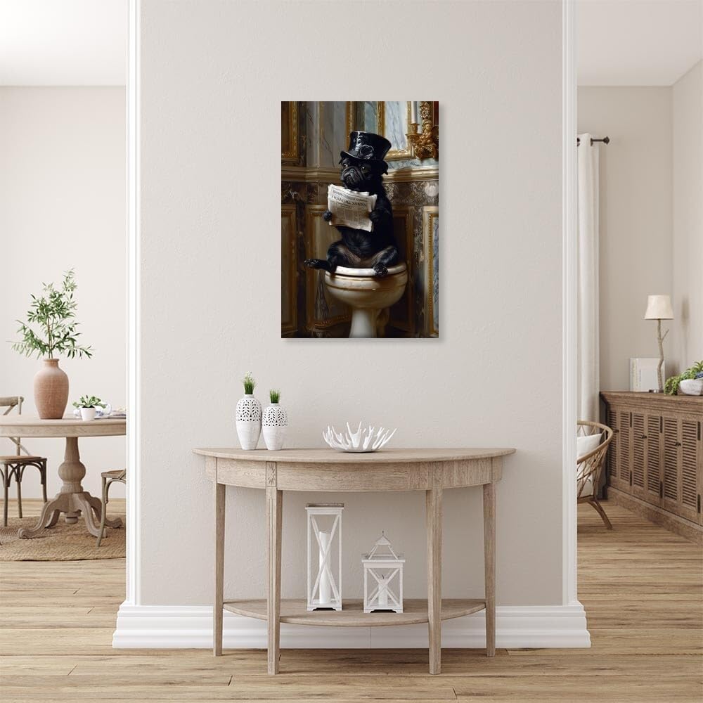 Pug Dog Reading Newspaper on Toilet Whimsical Fine Art Print Vintage Painting Canvas Wall Prints Poster Modern Home Aesthetic Decor Wall Art for Bedroom Dorm Framed24x36inch