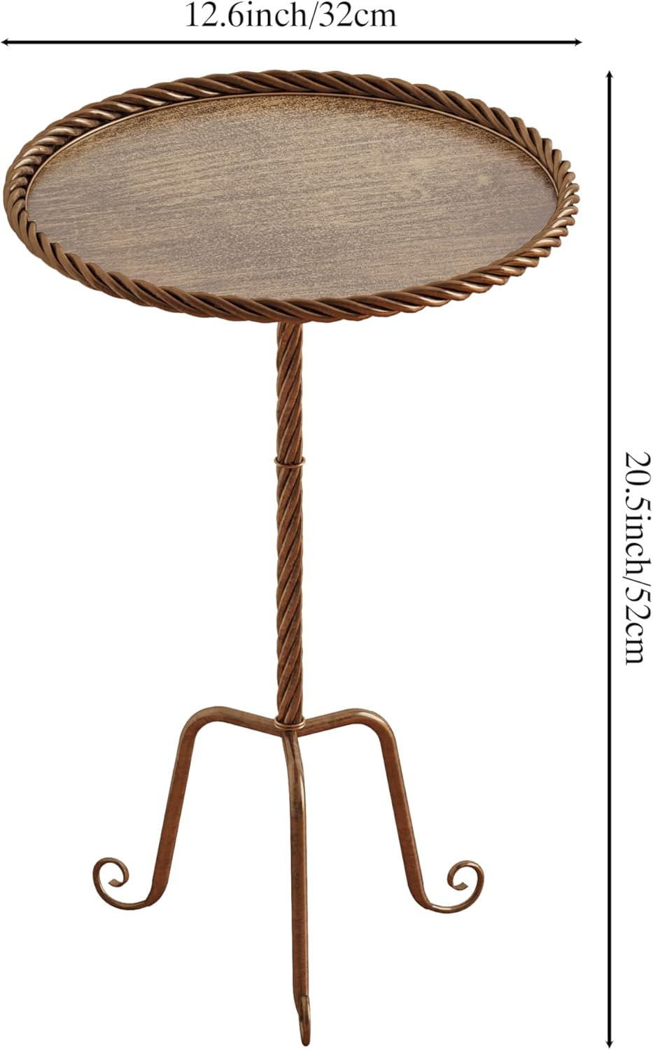 Vintage Bronze Round Metal Side Table with Raised Rim, Twisted Pedestal and Curved Tripod Base, Compact Art Deco Drink Table,13" Accent Table for Living Room, Bedroom or Corners (1, Bronze)